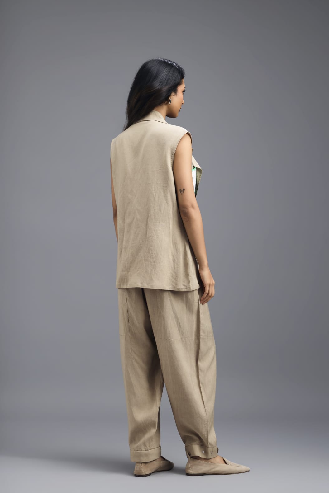 BEIGE CO-ORD SET WITH NEON GEOMETRIC PANELLED BLAZER, TWISTED TOP AND TROUSERS