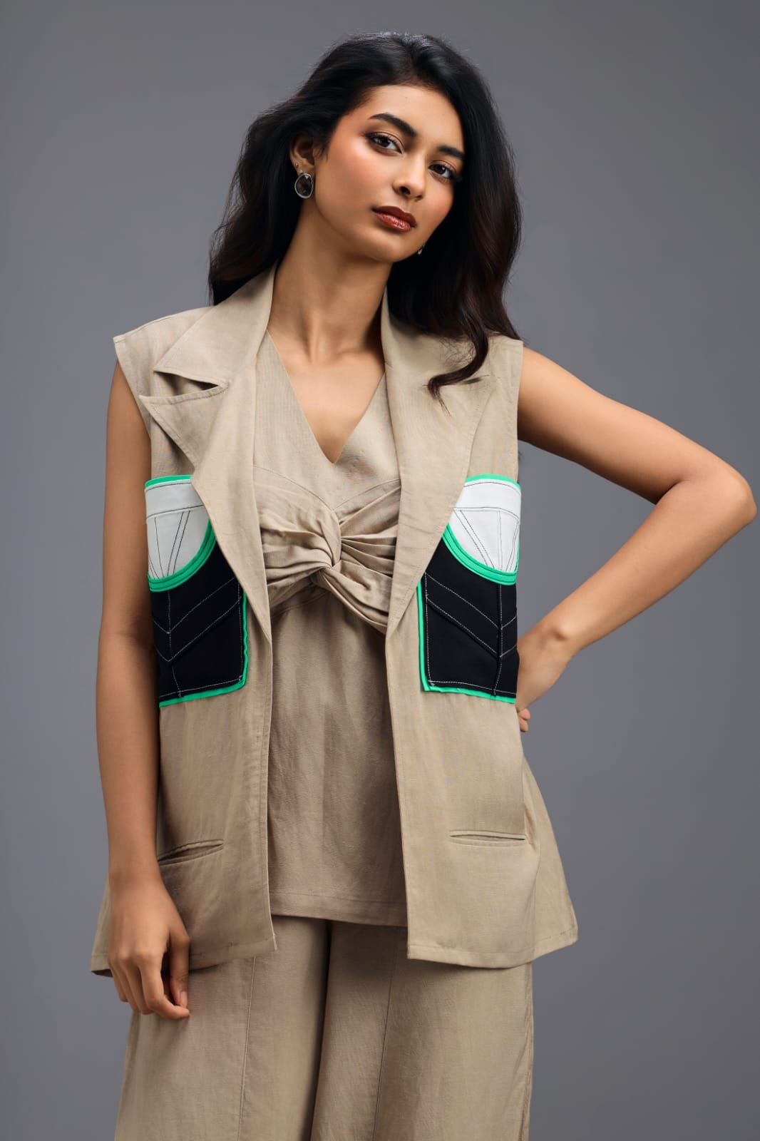 BEIGE CO-ORD SET WITH NEON GEOMETRIC PANELLED BLAZER, TWISTED TOP AND TROUSERS