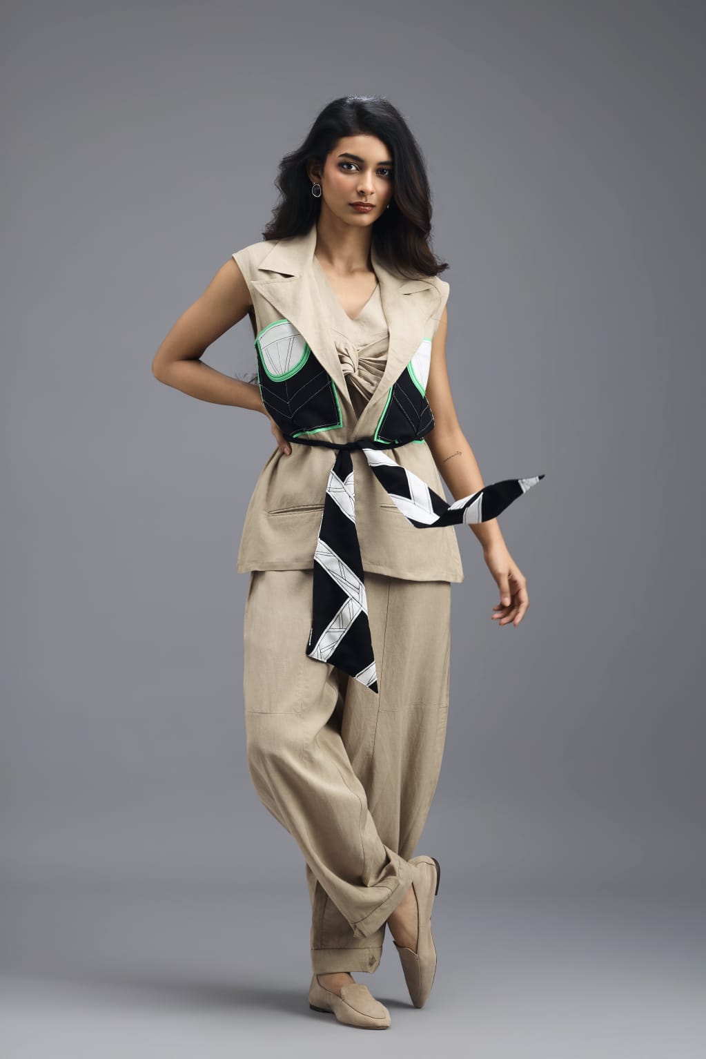 BEIGE CO-ORD SET WITH NEON GEOMETRIC PANELLED BLAZER, TWISTED TOP AND TROUSERS