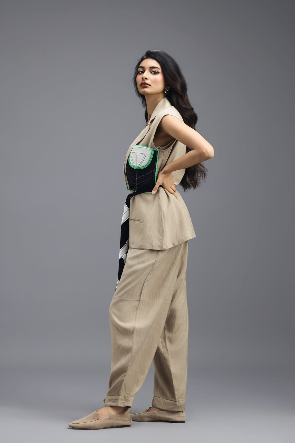BEIGE CO-ORD SET WITH NEON GEOMETRIC PANELLED BLAZER, TWISTED TOP AND TROUSERS