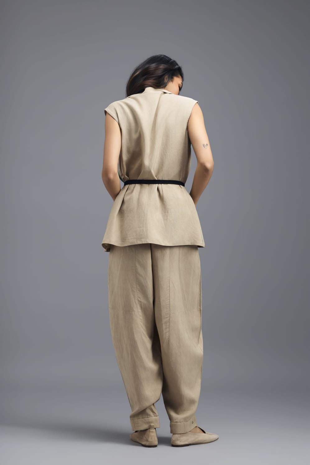 BEIGE CO-ORD SET WITH NEON GEOMETRIC PANELLED BLAZER, TWISTED TOP AND TROUSERS