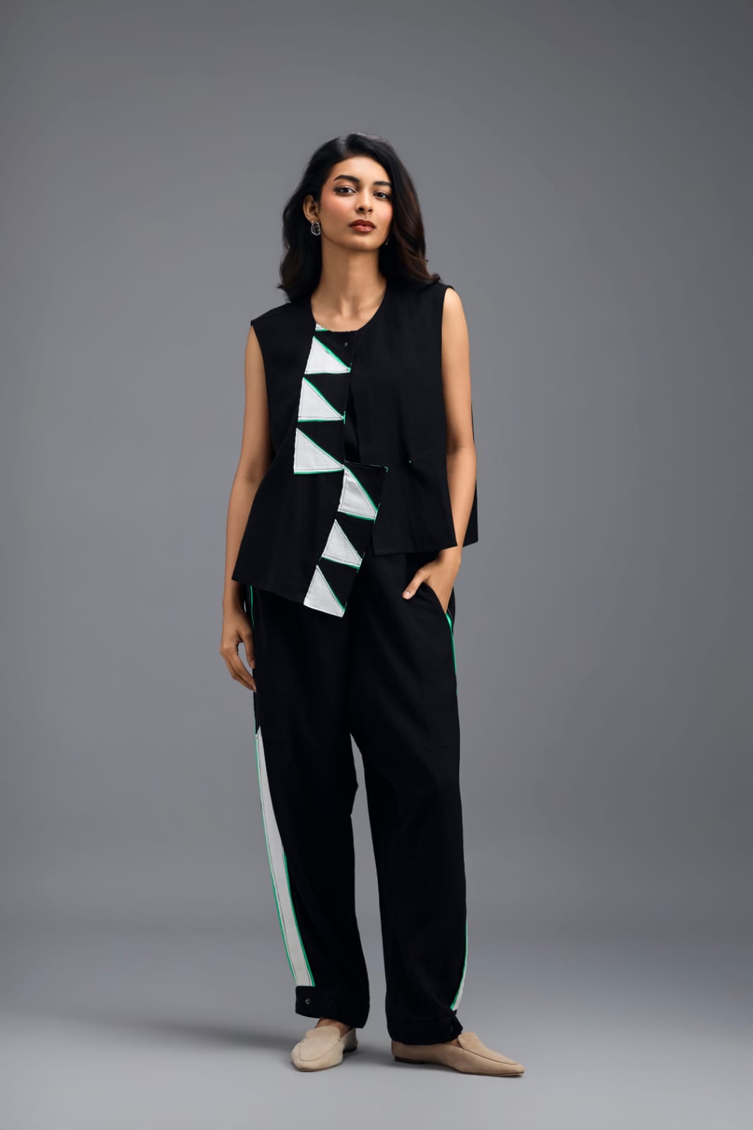 BLACK JACKET WITH NEON PIPED GEOMETRIC DETAIL