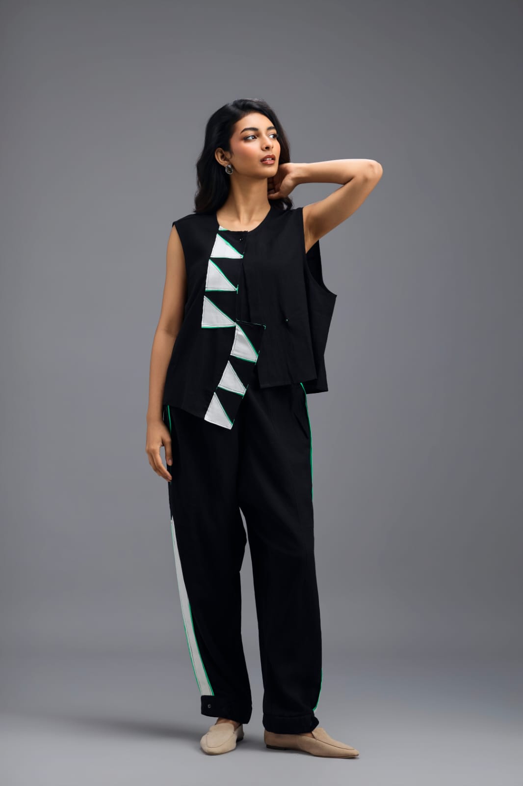 BLACK JACKET WITH NEON PIPED GEOMETRIC DETAIL