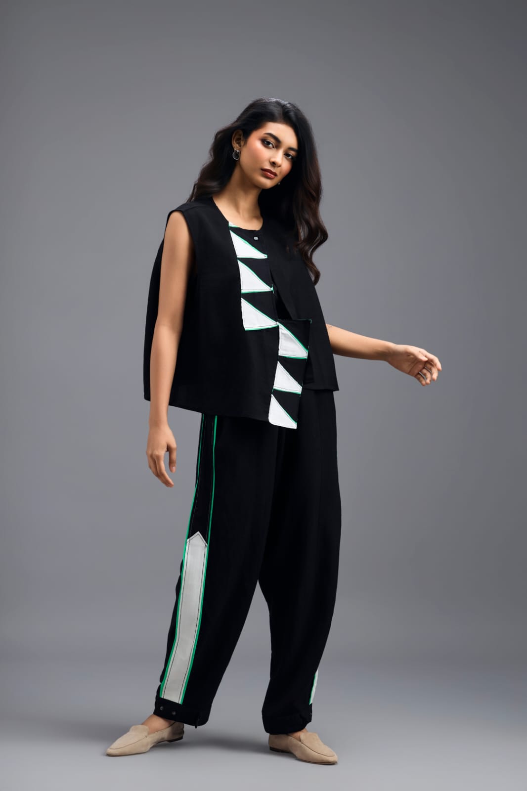 BLACK CO-ORD SET WITH NEON PIPED JACKET, CROP TOP AND STRIPE PANTS