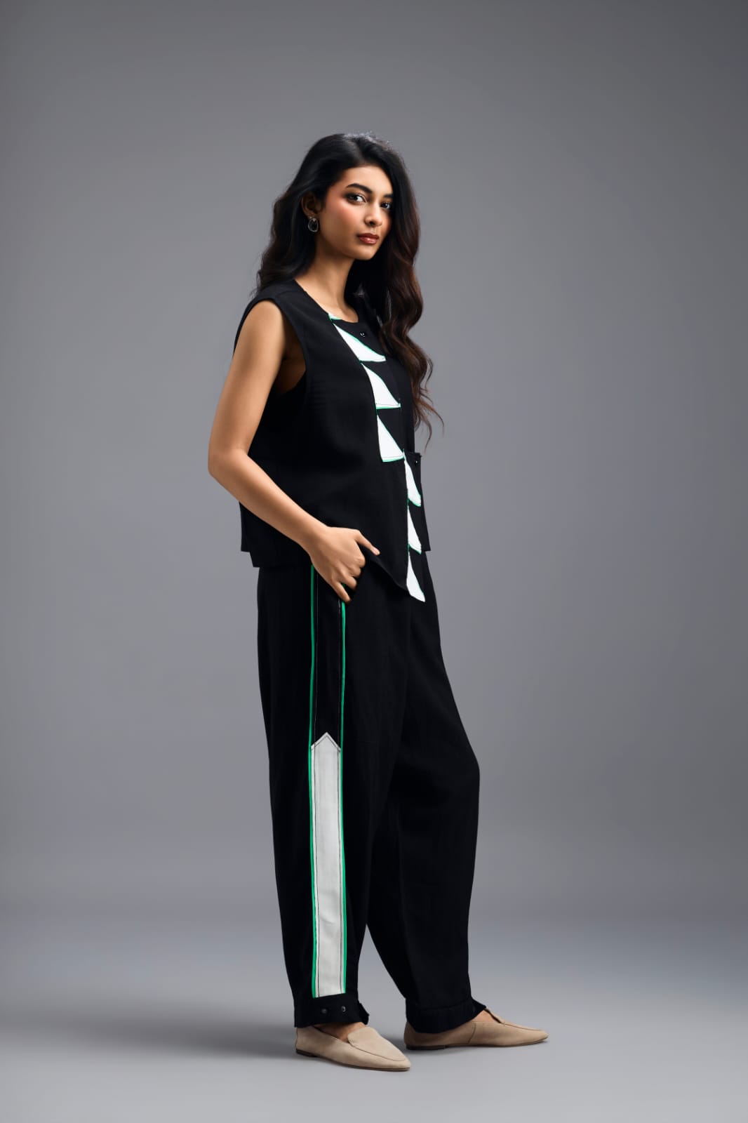 BLACK JACKET WITH NEON PIPED GEOMETRIC DETAIL
