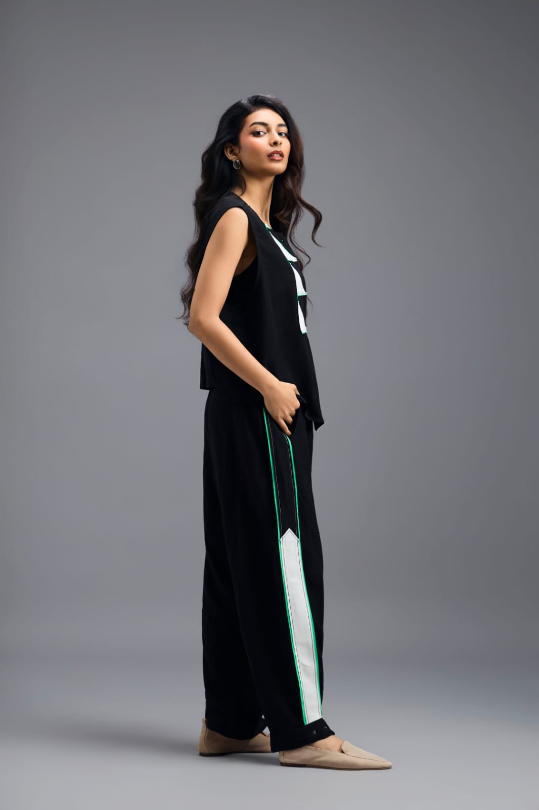 BLACK JACKET WITH NEON PIPED GEOMETRIC DETAIL