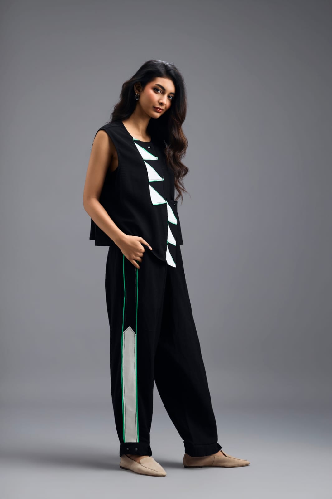 BLACK CO-ORD SET WITH NEON PIPED JACKET, CROP TOP AND STRIPE PANTS