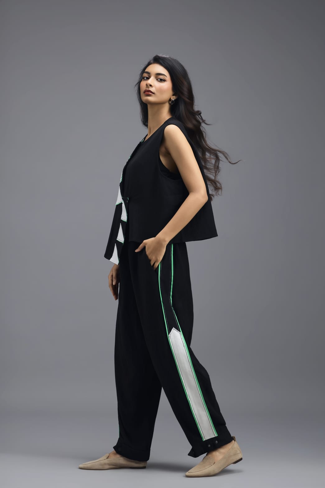 BLACK JACKET WITH NEON PIPED GEOMETRIC DETAIL