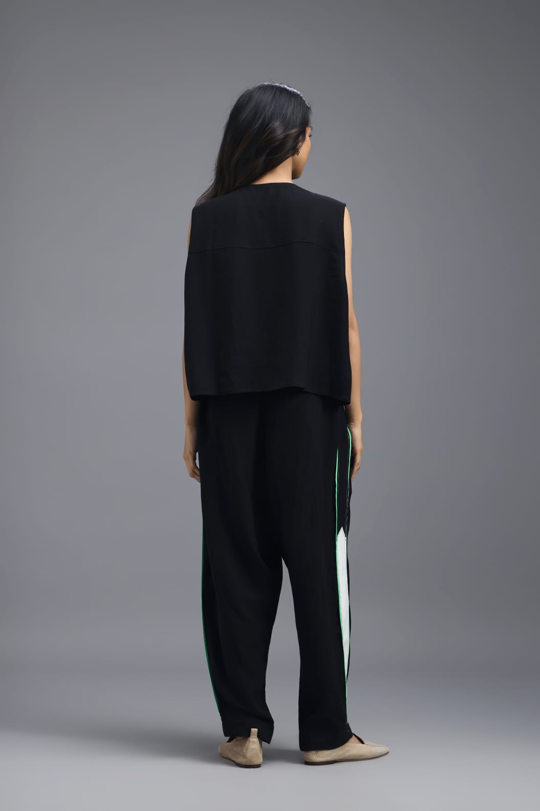 BLACK CO-ORD SET WITH NEON PIPED JACKET, CROP TOP AND STRIPE PANTS