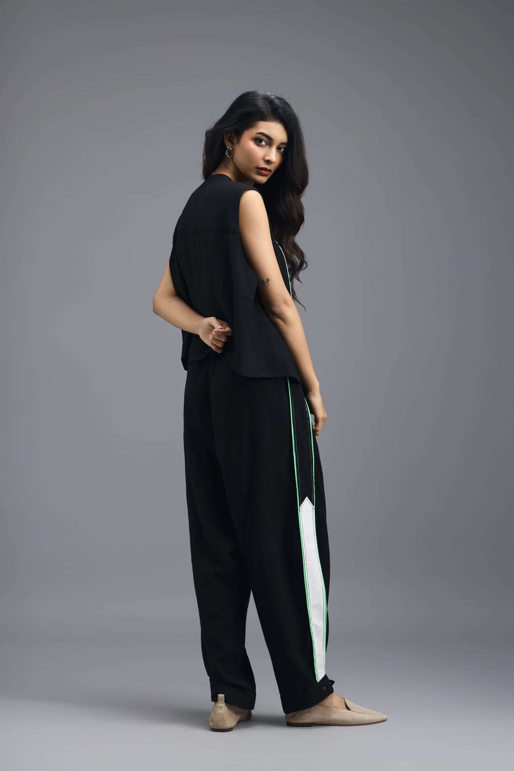 BLACK CO-ORD SET WITH NEON PIPED JACKET, CROP TOP AND STRIPE PANTS
