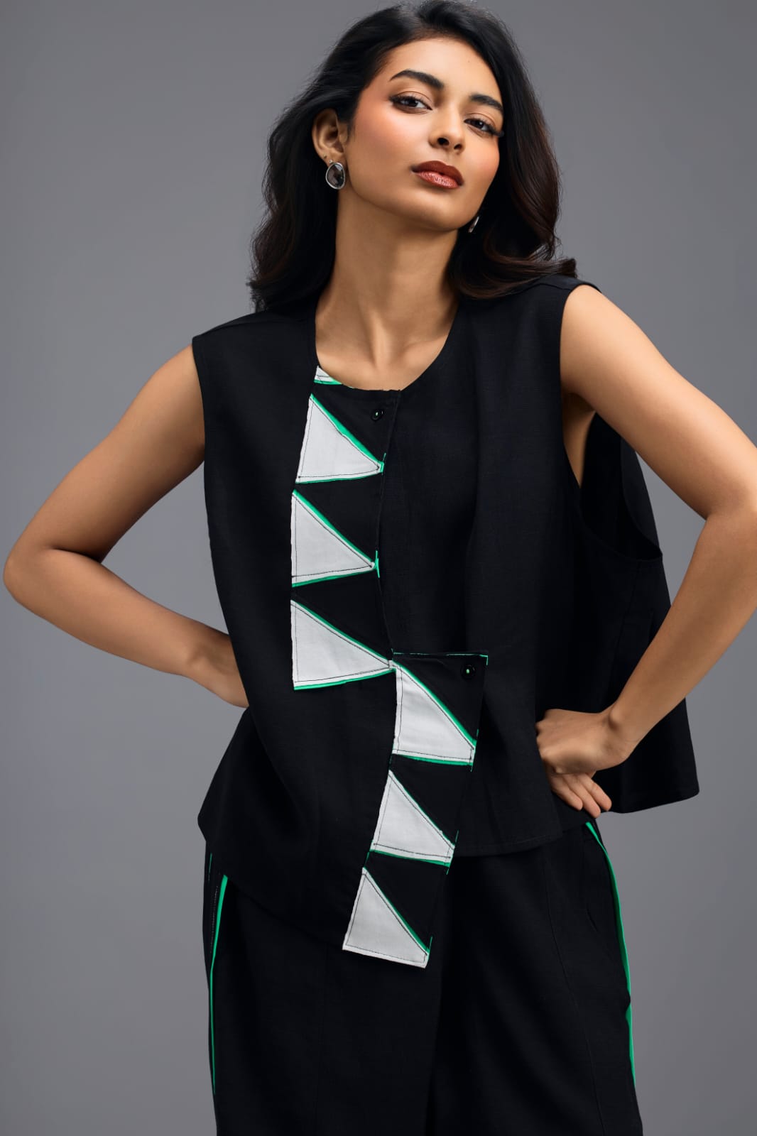 BLACK JACKET WITH NEON PIPED GEOMETRIC DETAIL