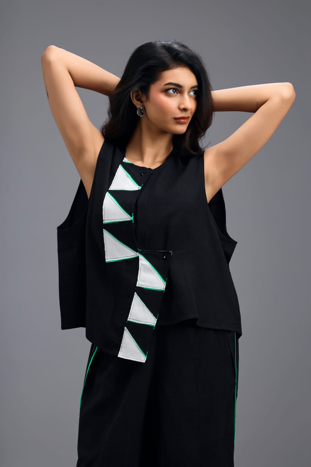 BLACK CO-ORD SET WITH NEON PIPED JACKET, CROP TOP AND STRIPE PANTS