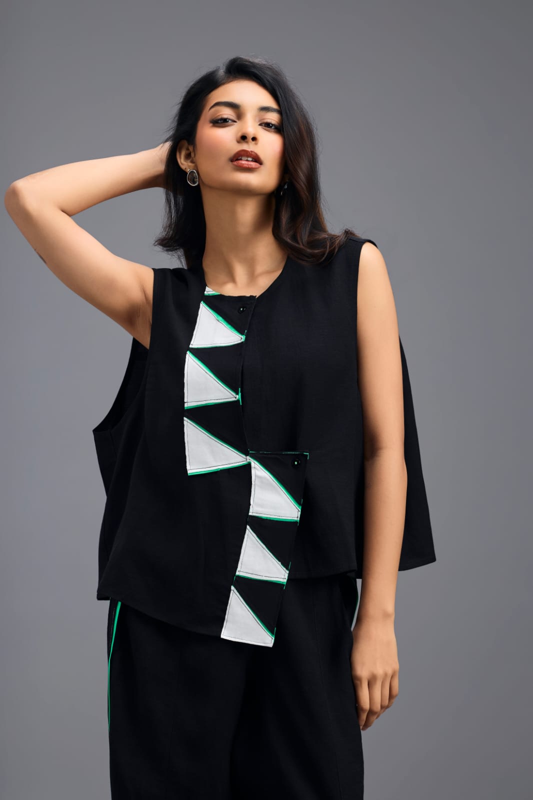 BLACK CO-ORD SET WITH NEON PIPED JACKET, CROP TOP AND STRIPE PANTS