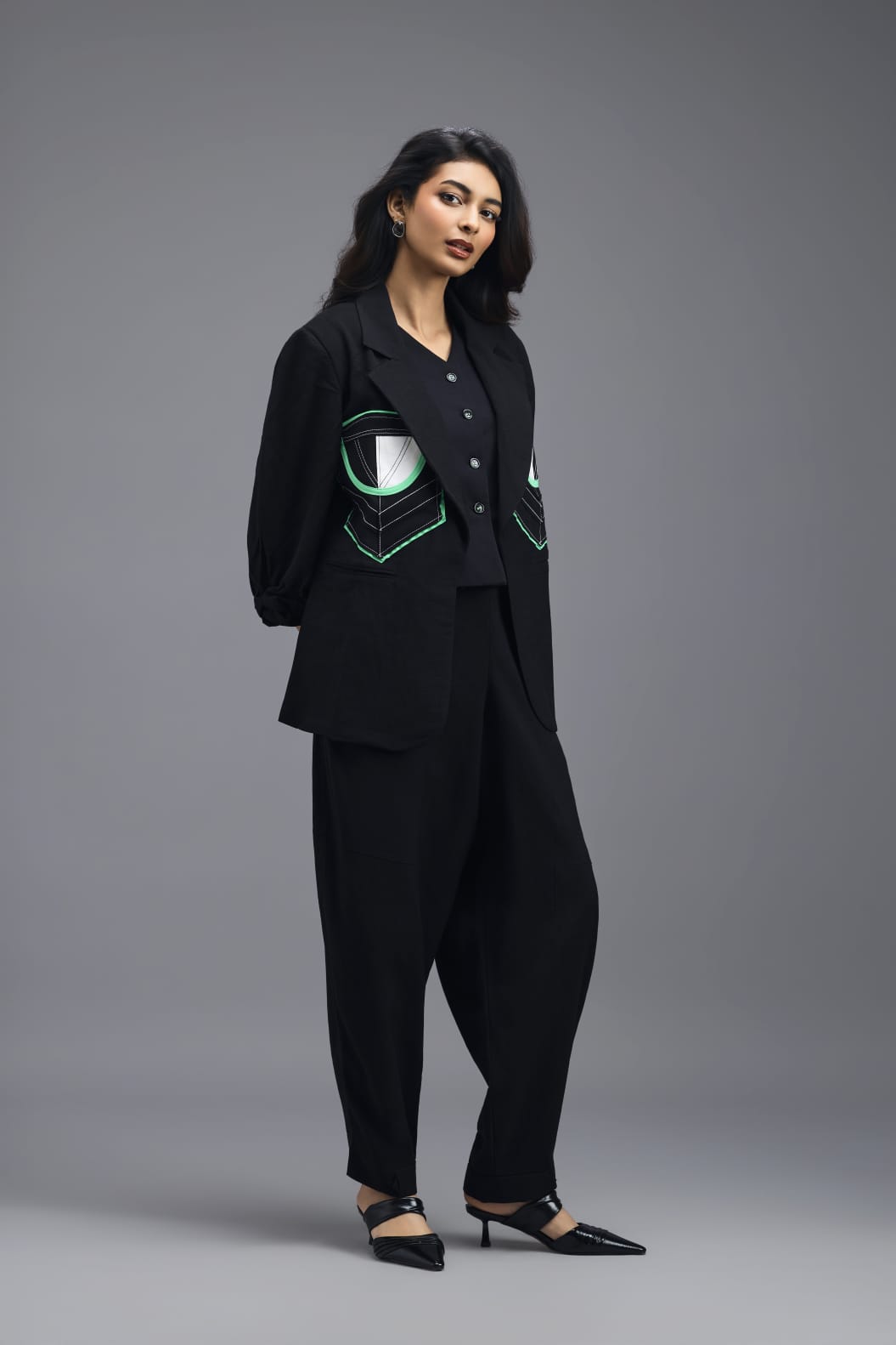 BLACK TAILORED BLAZER WITH GEOMETRIC PATCH POCKET DETAIL AND NEON PIPING
