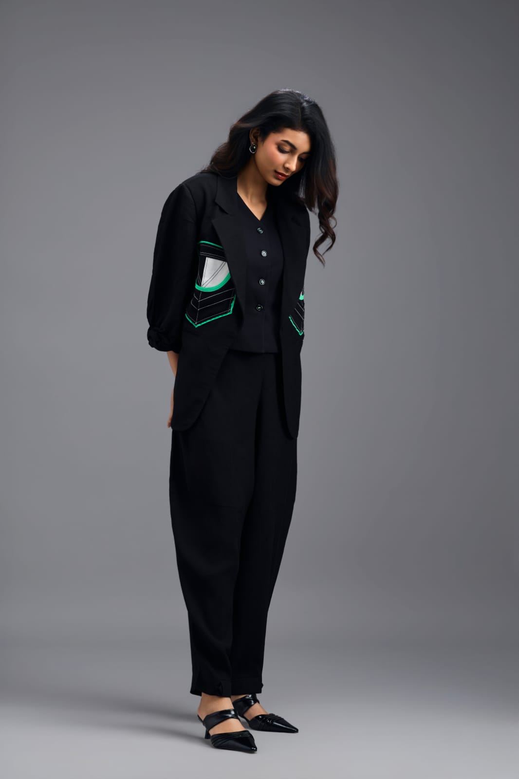 BLACK TAILORED BLAZER WITH GEOMETRIC PATCH POCKET DETAIL AND NEON PIPING