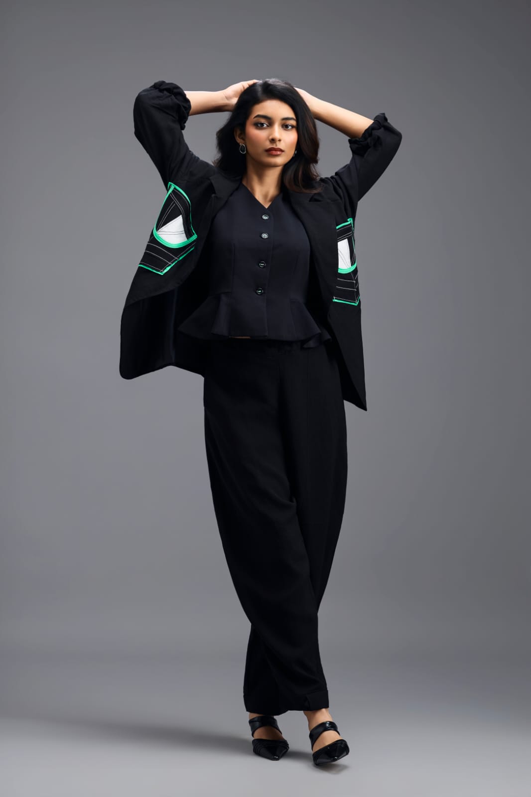 BLACK TAILORED BLAZER WITH GEOMETRIC PATCH POCKET DETAIL AND NEON PIPING