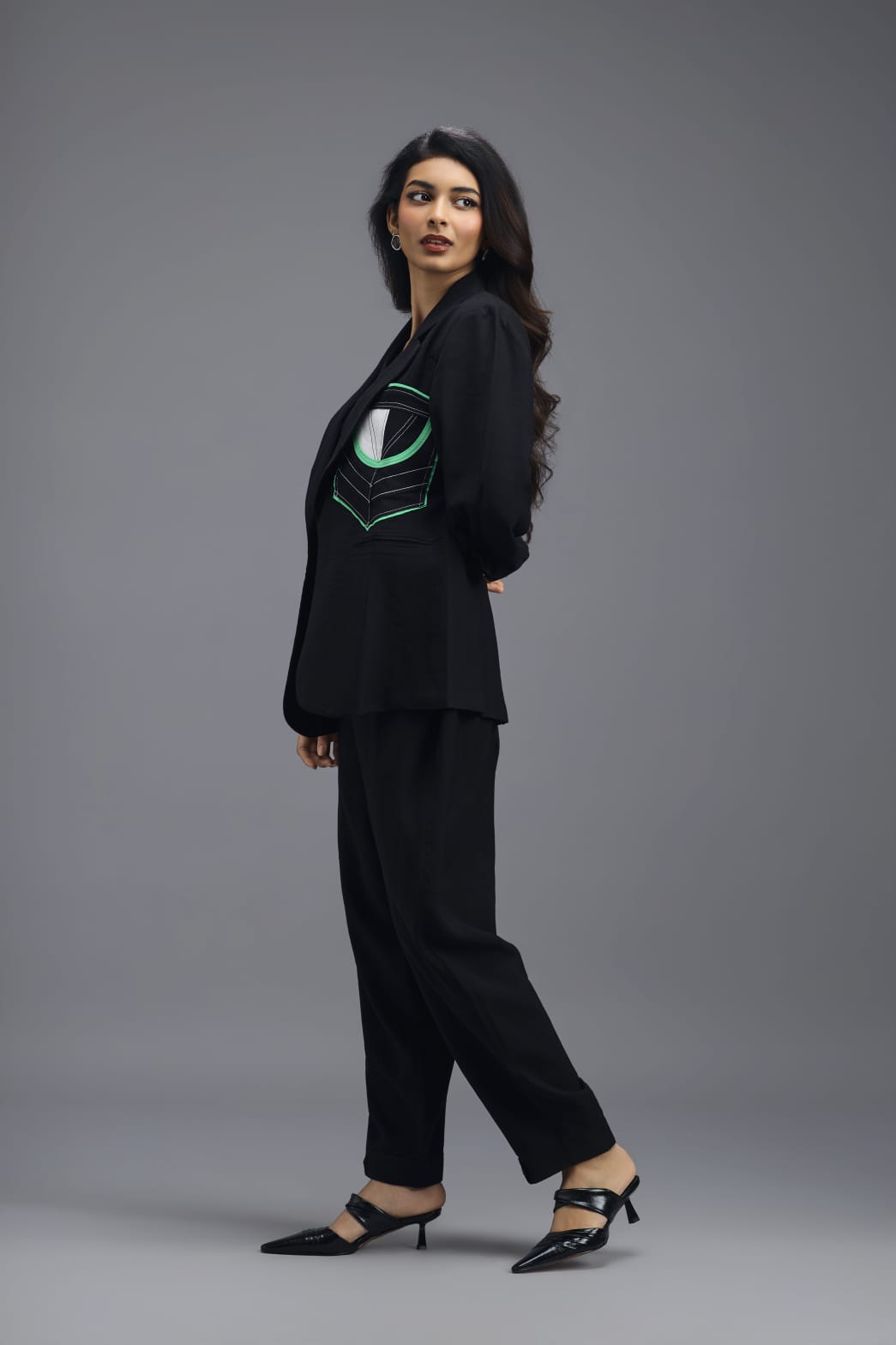 BLACK TAILORED BLAZER WITH GEOMETRIC PATCH POCKET DETAIL AND NEON PIPING