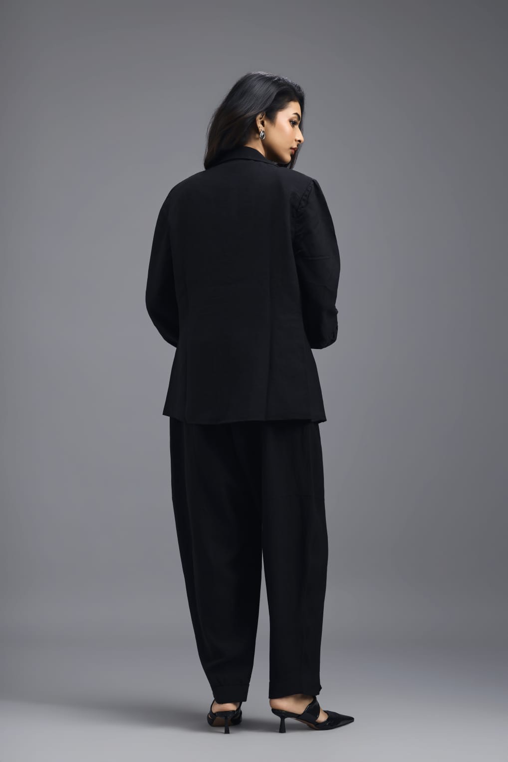 BLACK CO-ORD SET WITH GEOMETRIC PATCH DETAIL BLAZER, PEPLUM INNER AND RELAXED TROUSERS