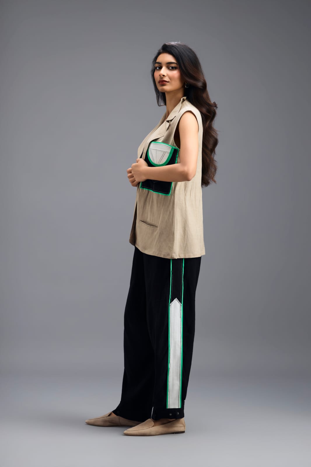 BEIGE CO-ORD SET WITH NEON GEOMETRIC PANELLED SLEEVELESS BLAZER, TWISTED TOP AND STRIPE PANTS