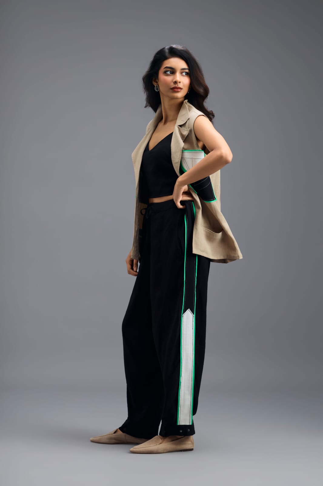 BEIGE CO-ORD SET WITH NEON GEOMETRIC PANELLED SLEEVELESS BLAZER, TWISTED TOP AND STRIPE PANTS