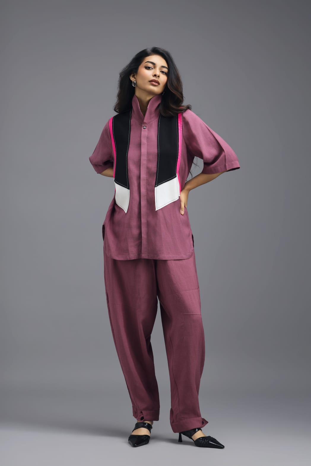 PINK JACKET LINEN CO-ORD SET WITH NEON GEOMETRIC PANELLED TOP AND PANTS