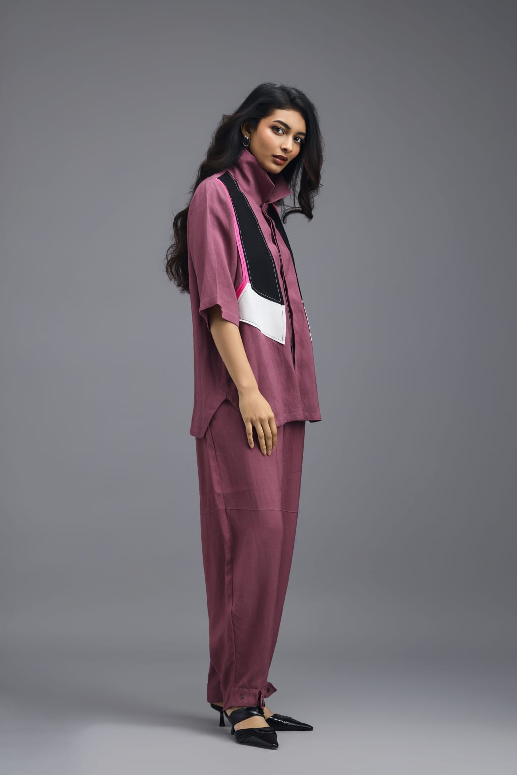 PINK JACKET LINEN CO-ORD SET WITH NEON GEOMETRIC PANELLED TOP AND PANTS