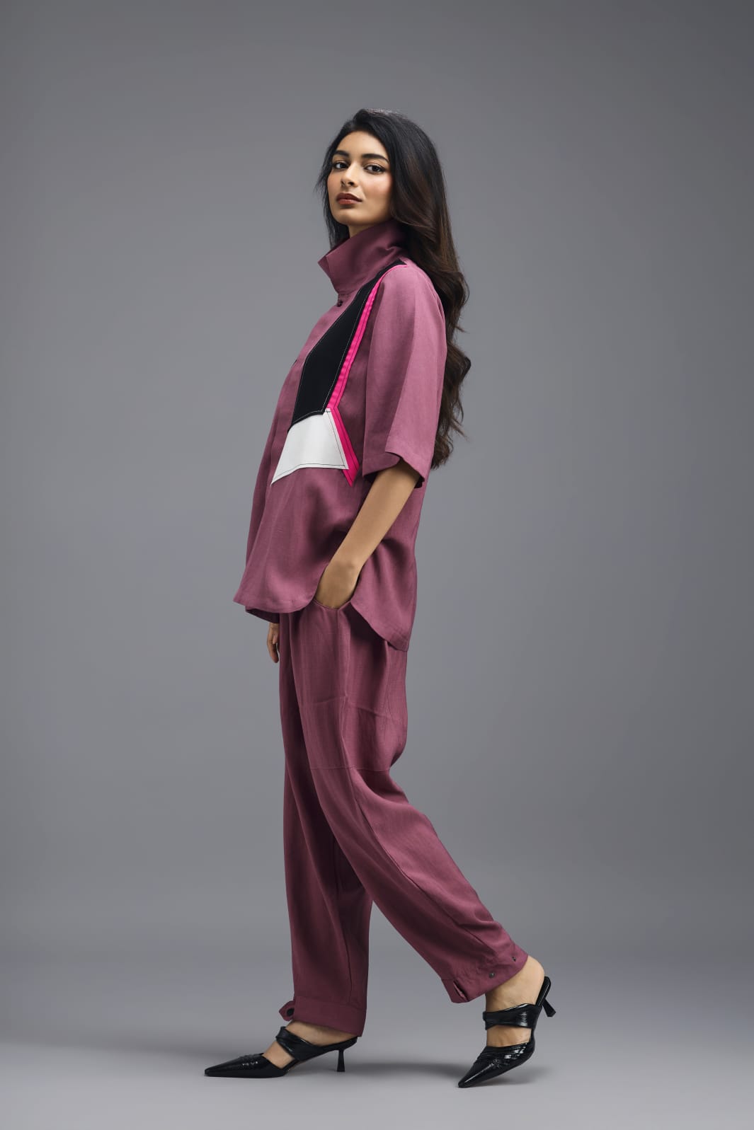 PINK JACKET LINEN CO-ORD SET WITH NEON GEOMETRIC PANELLED TOP AND PANTS