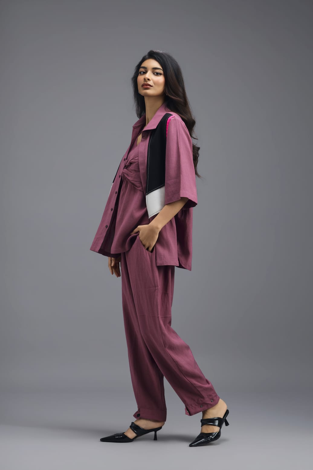 PINK JACKET LINEN CO-ORD SET WITH NEON GEOMETRIC PANELLED TOP AND PANTS
