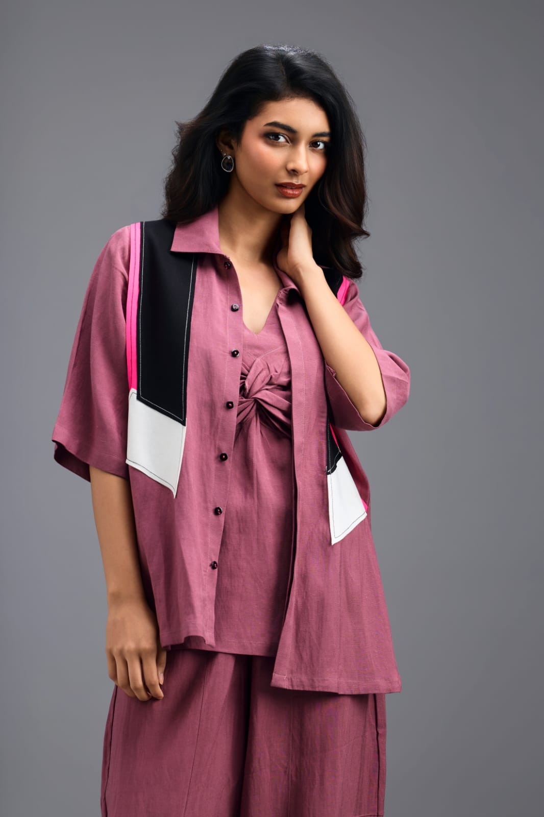 PINK JACKET LINEN CO-ORD SET WITH NEON GEOMETRIC PANELLED TOP AND PANTS