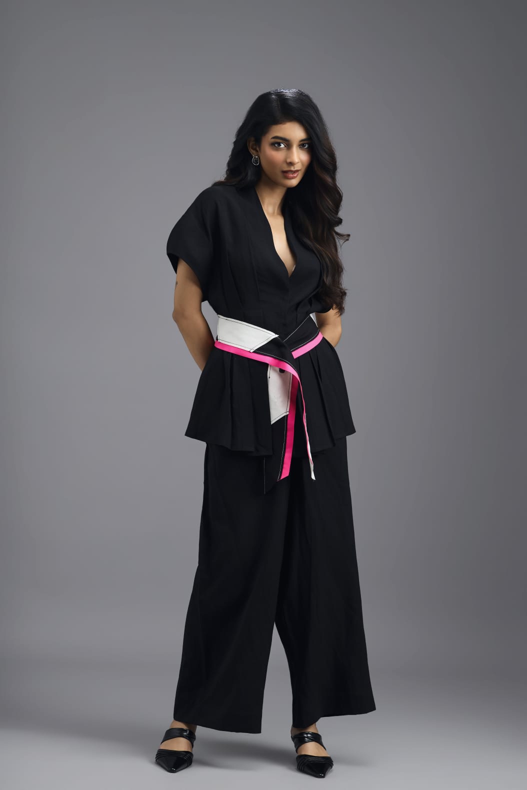 BLACK MEGA SLEEVE TOP AND FLARED PANTS CO-ORD SET