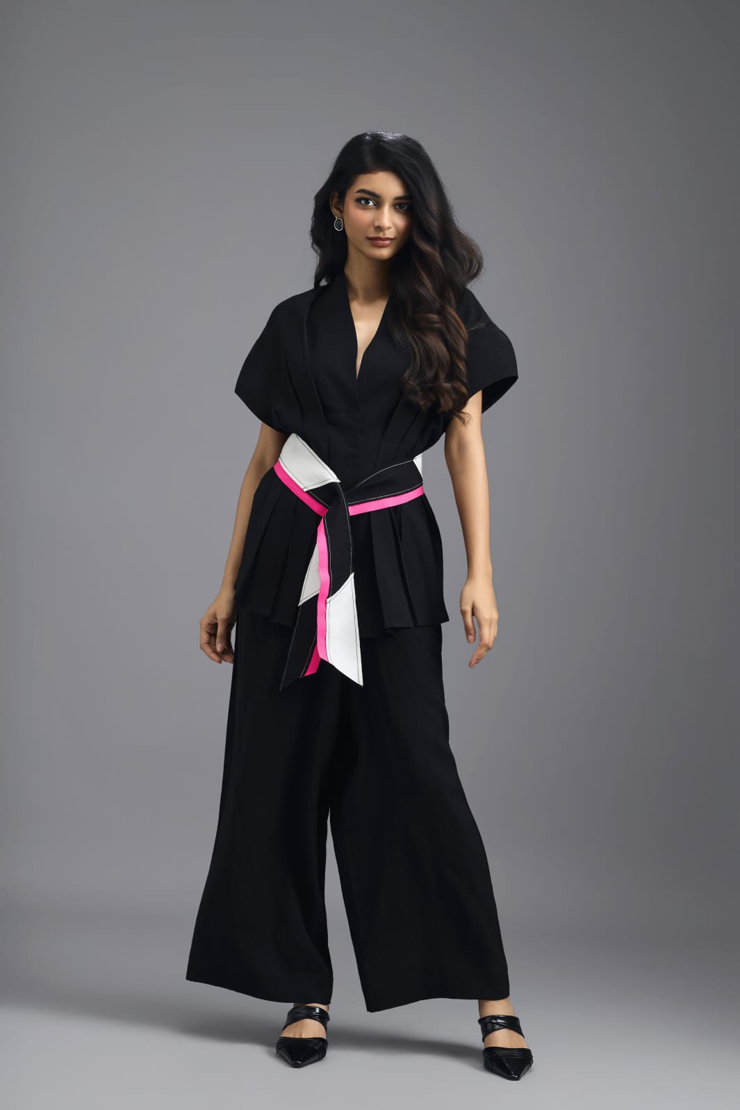 BLACK MEGA SLEEVE TOP AND FLARED PANTS CO-ORD SET