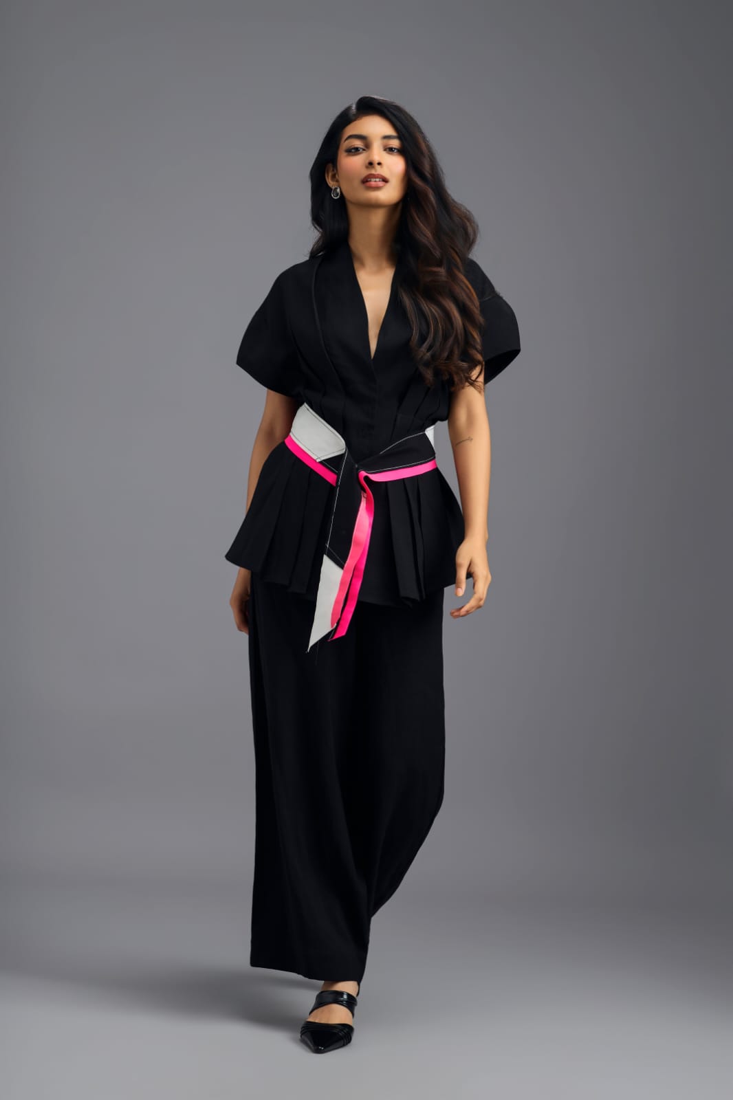 BLACK MEGA SLEEVE TOP AND FLARED PANTS CO-ORD SET