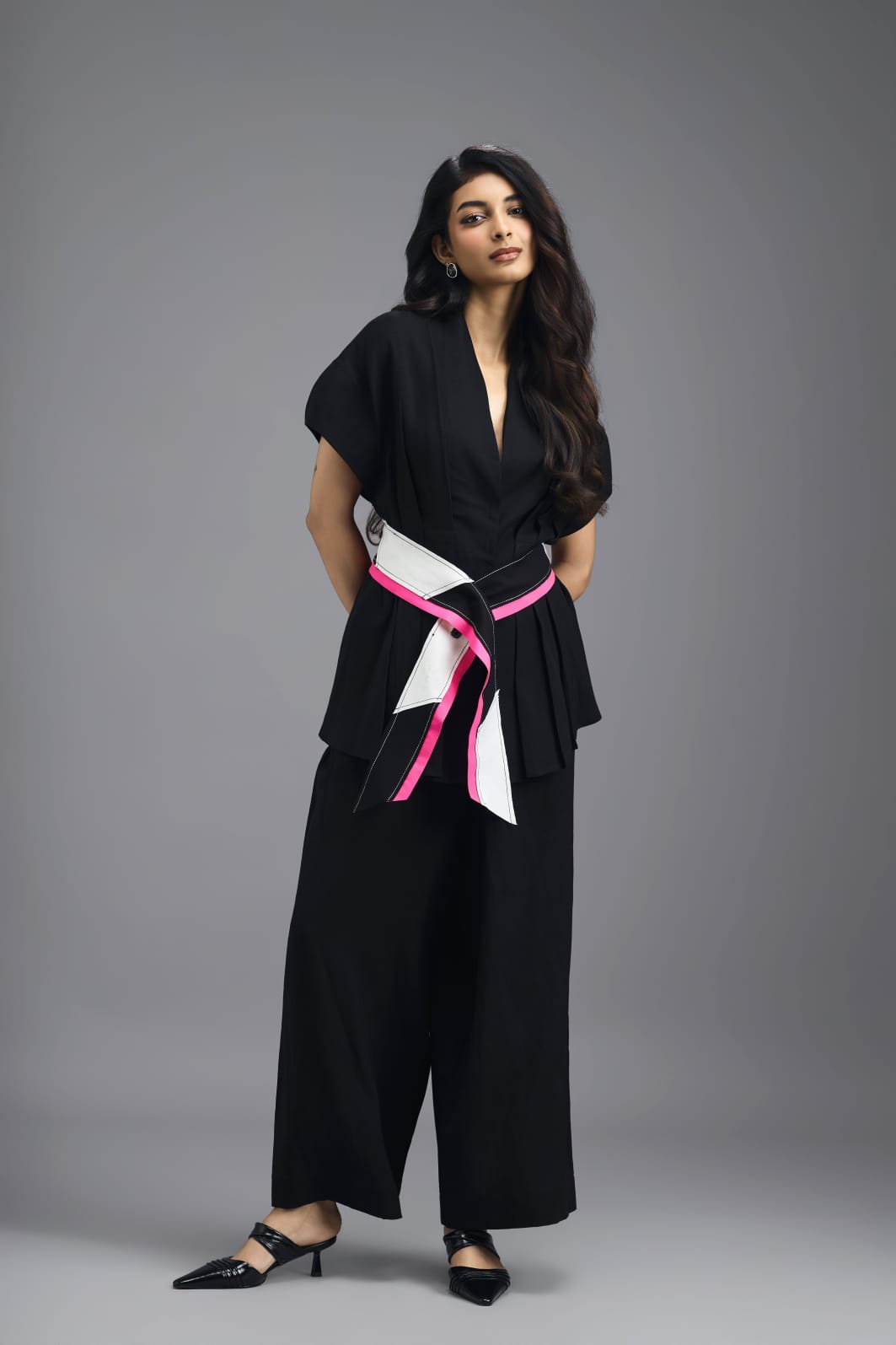BLACK MEGA SLEEVE TOP WITH PLEATED TUCK DETAIL AND NEON GEOMETRIC BELT