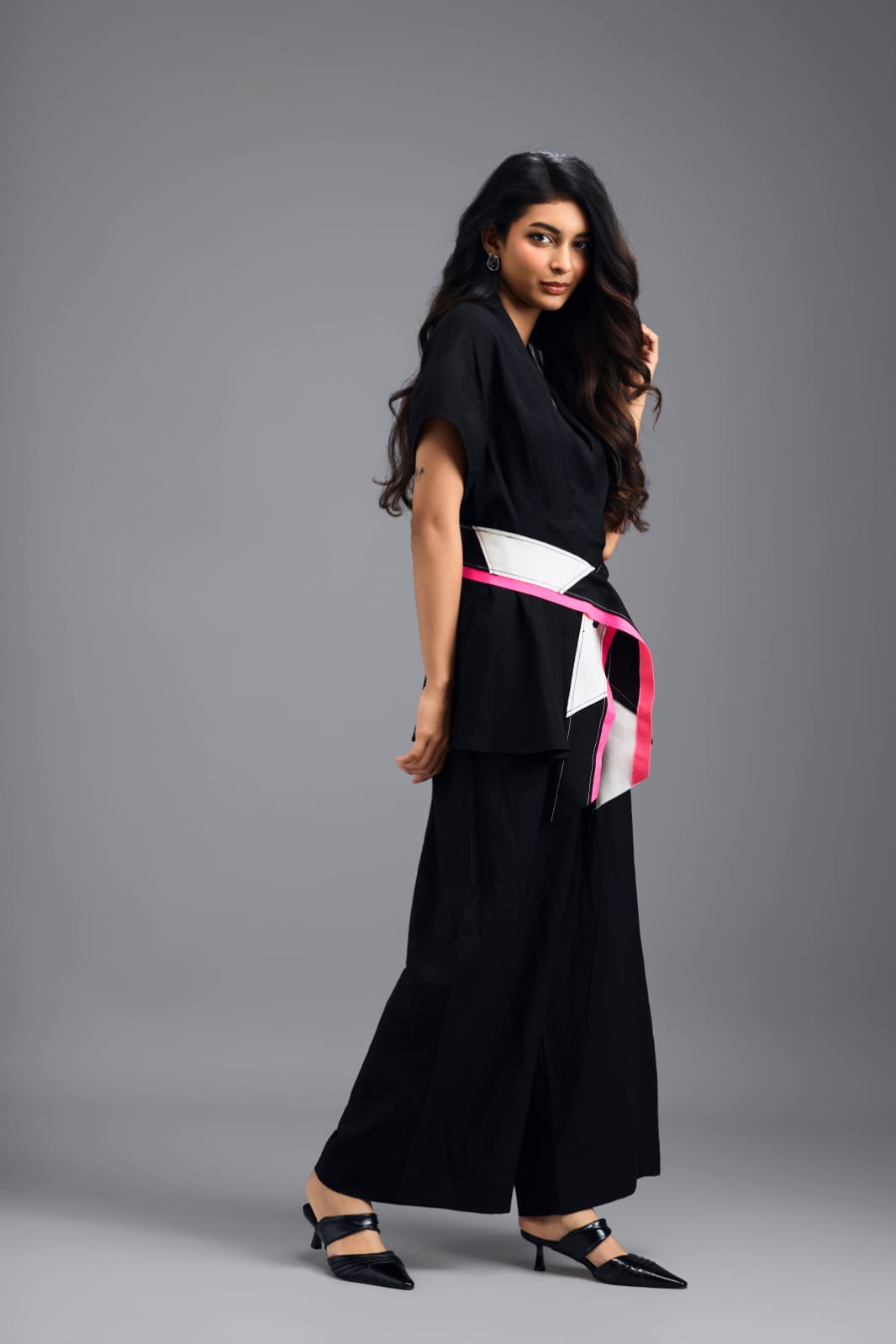 BLACK MEGA SLEEVE TOP WITH PLEATED TUCK DETAIL AND NEON GEOMETRIC BELT