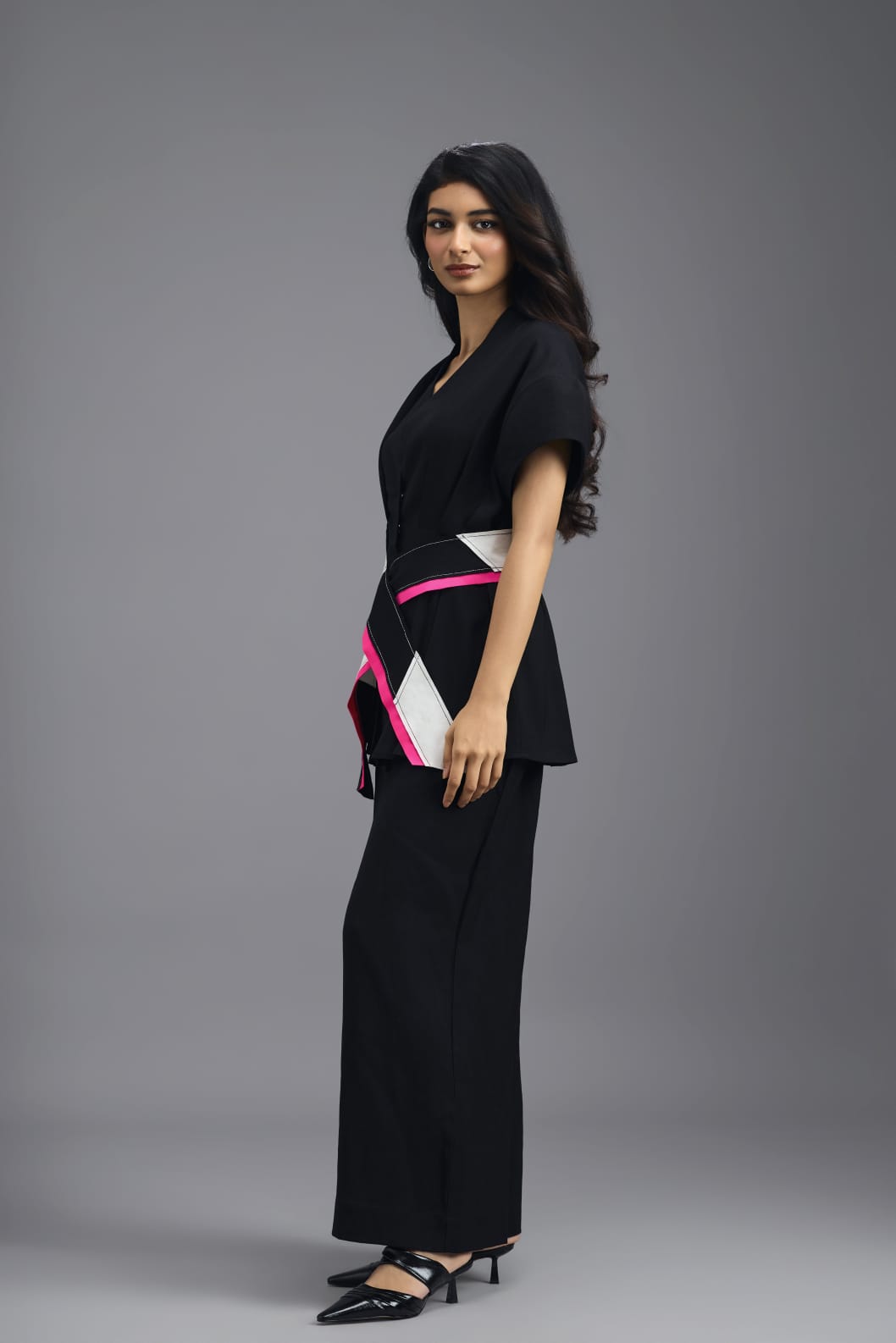 BLACK MEGA SLEEVE TOP AND FLARED PANTS CO-ORD SET