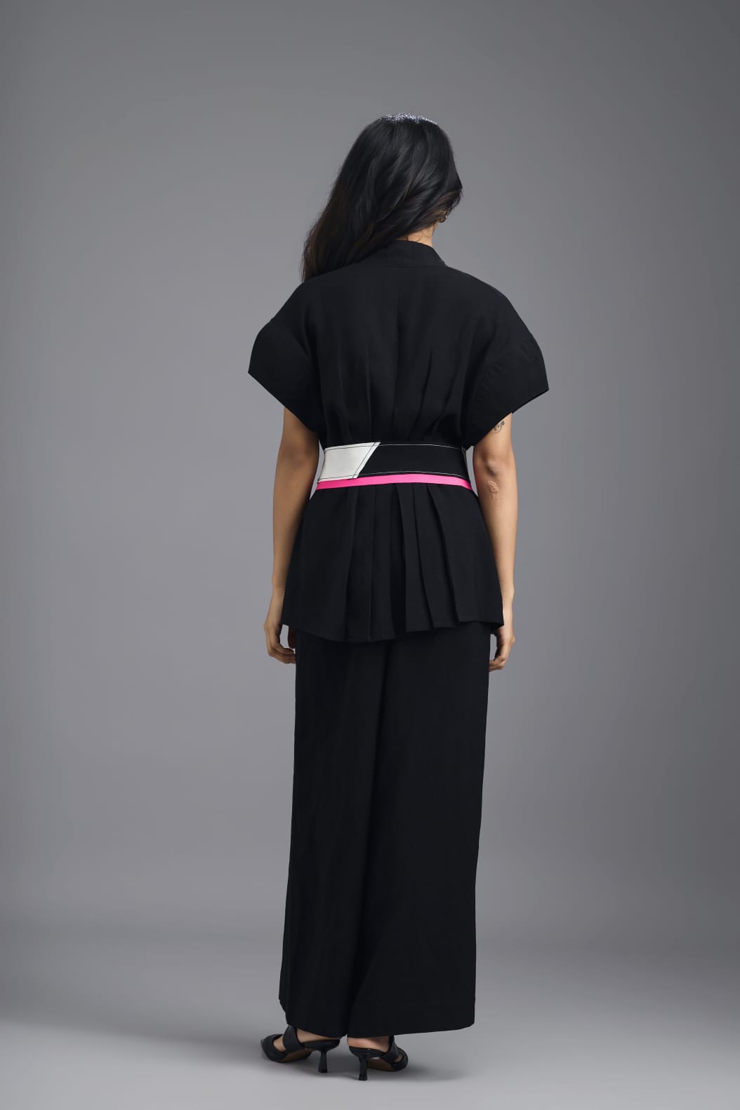 BLACK MEGA SLEEVE TOP WITH PLEATED TUCK DETAIL AND NEON GEOMETRIC BELT