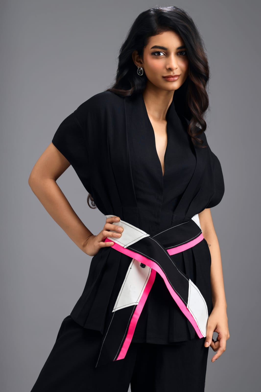 BLACK MEGA SLEEVE TOP AND FLARED PANTS CO-ORD SET