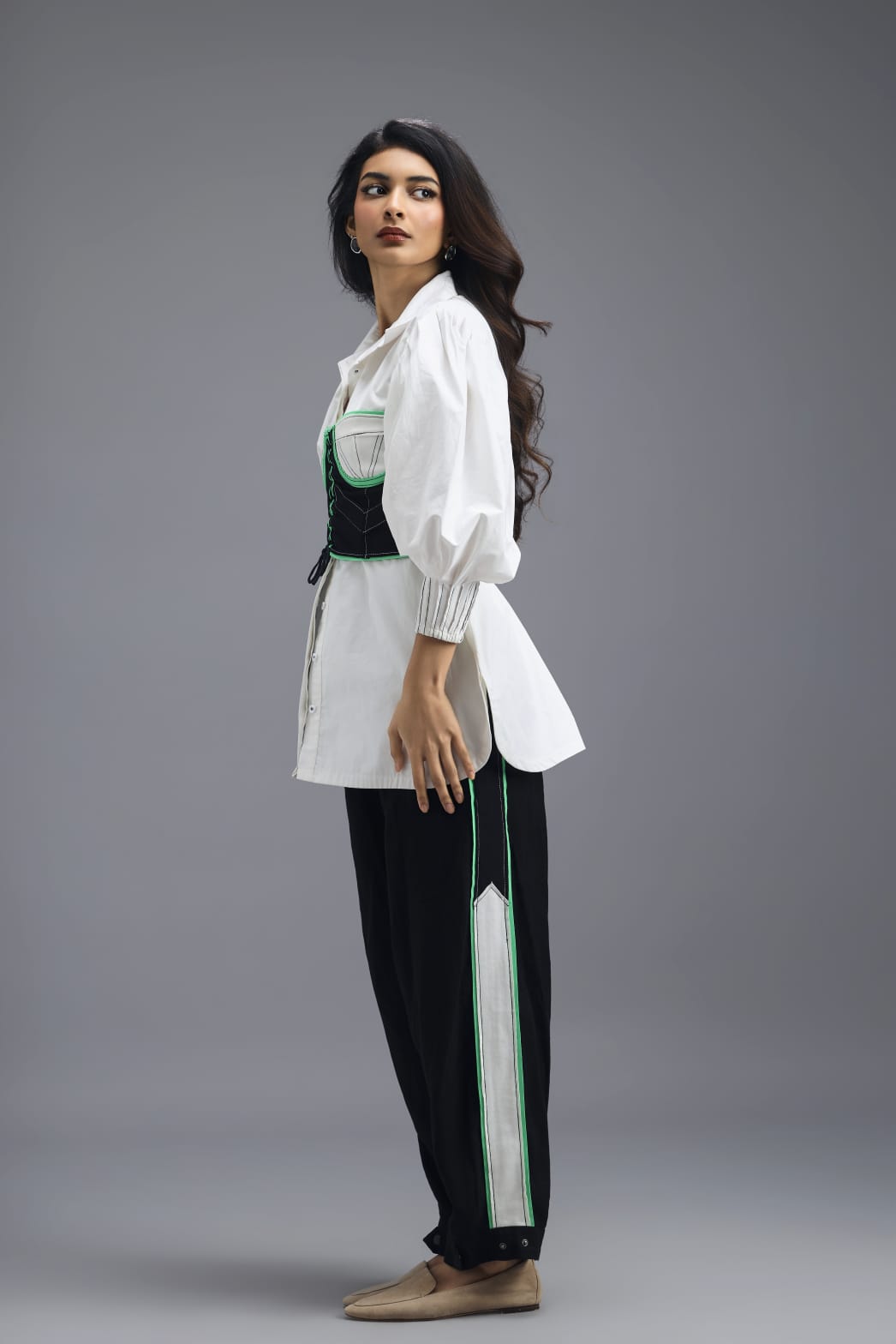 BLACK CO-ORD SET WITH KNOTTED BUSTIER, OVERSIZED SHIRT AND SIDE-STRIPE TROUSERS