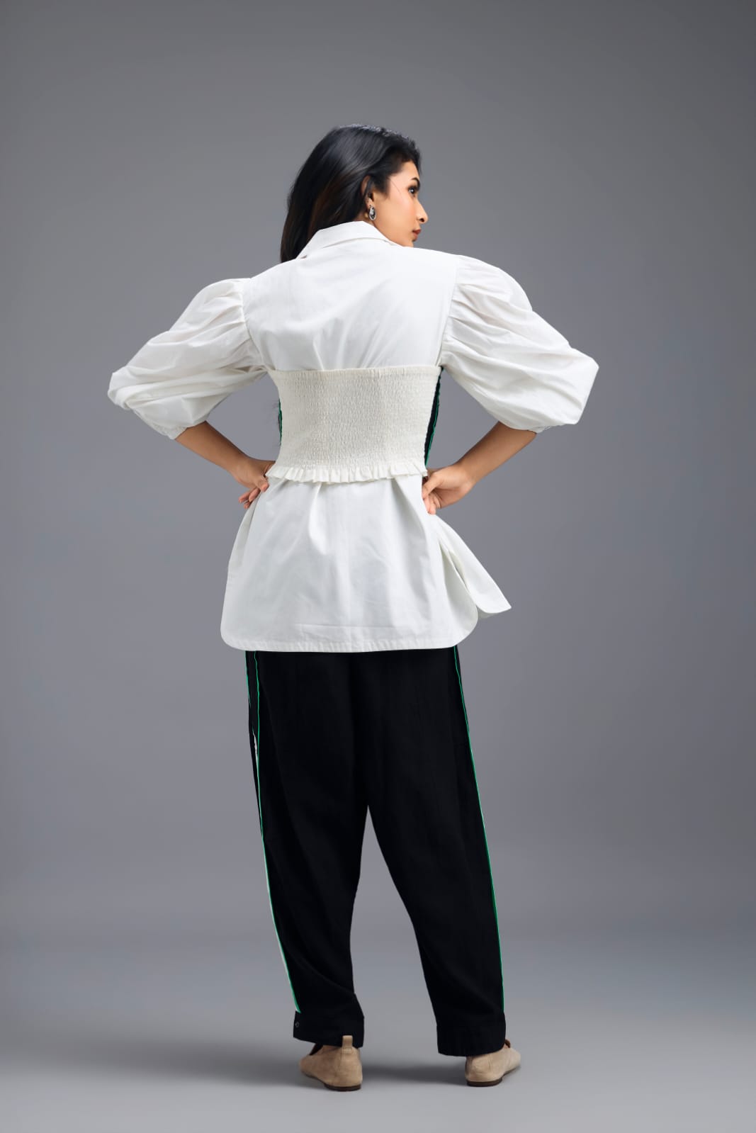 BLACK CO-ORD SET WITH KNOTTED BUSTIER, OVERSIZED SHIRT AND SIDE-STRIPE TROUSERS