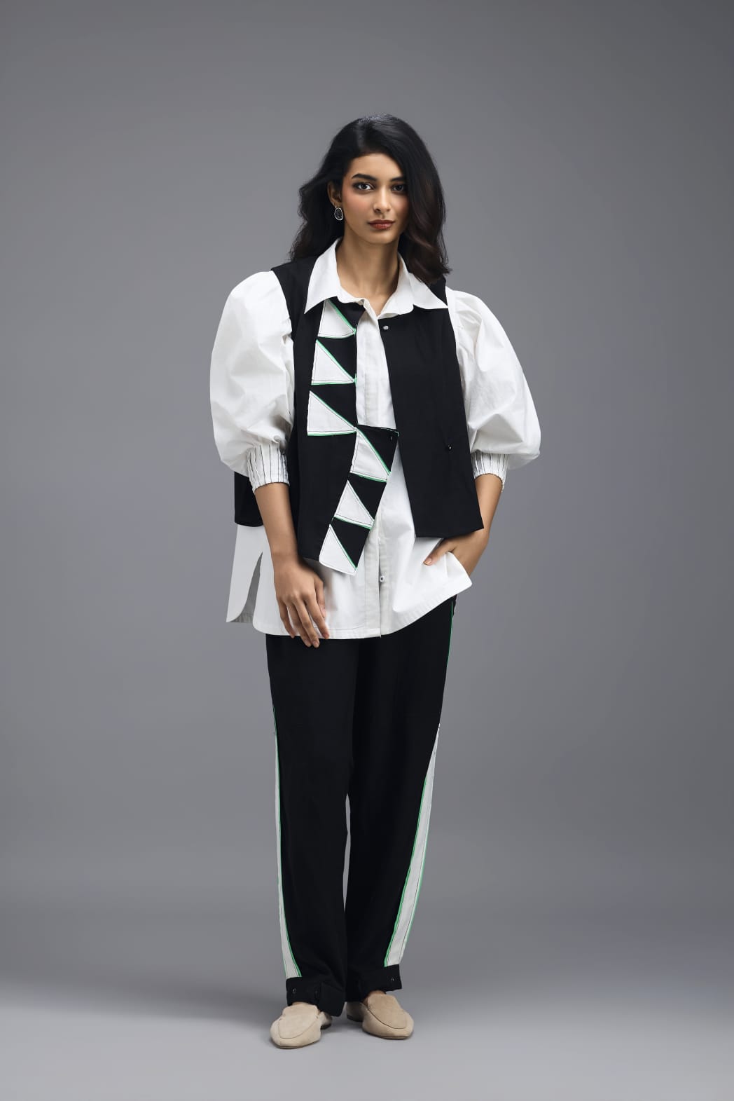 BLACK CO-ORD SET WITH PANELLED VEST, PUFF-SLEEVE SHIRT AND CONTRAST STRIPE TROUSERS