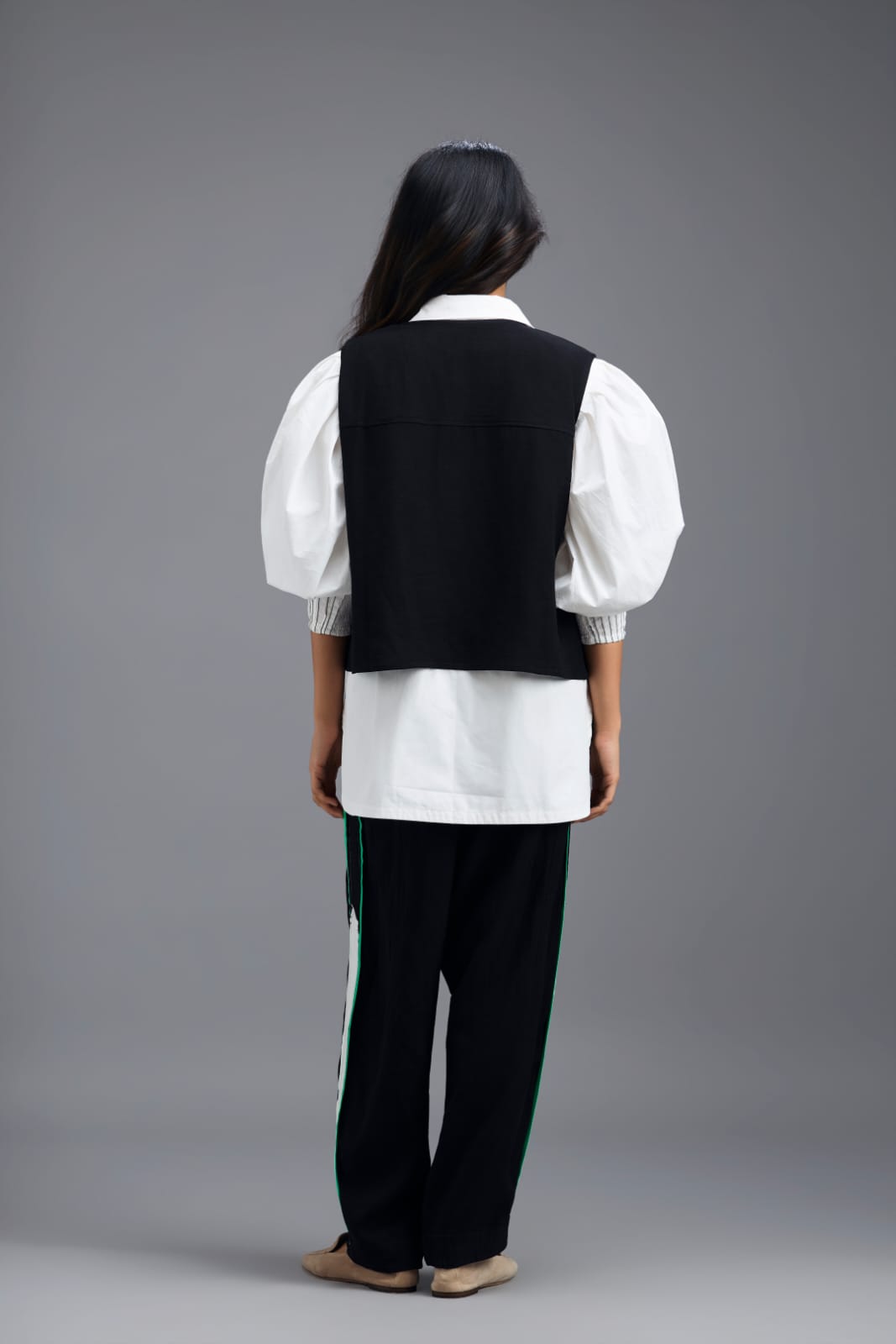 BLACK CO-ORD SET WITH PANELLED VEST, PUFF-SLEEVE SHIRT AND CONTRAST STRIPE TROUSERS
