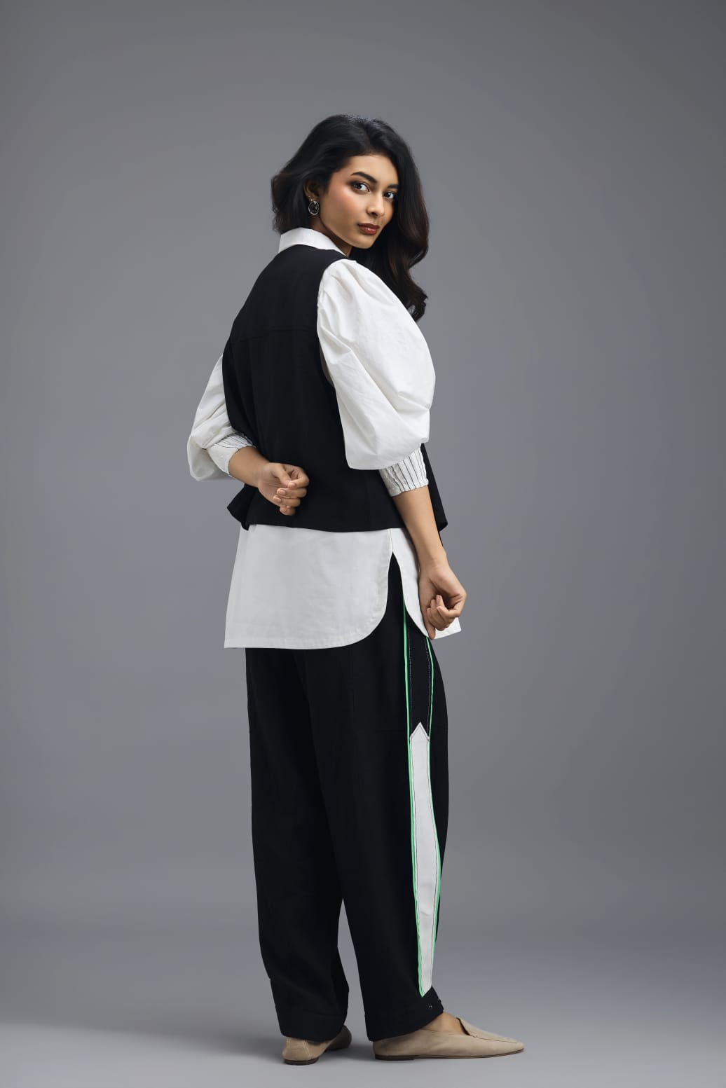 BLACK CO-ORD SET WITH PANELLED VEST, PUFF-SLEEVE SHIRT AND CONTRAST STRIPE TROUSERS