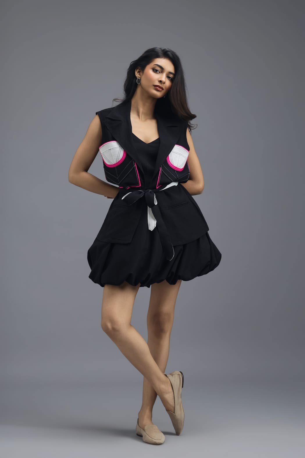 BLACK CO-ORD SET WITH NEON GEOMETRIC PANELLED SLEEVELESS BLAZER AND BUBBLE SKIRT