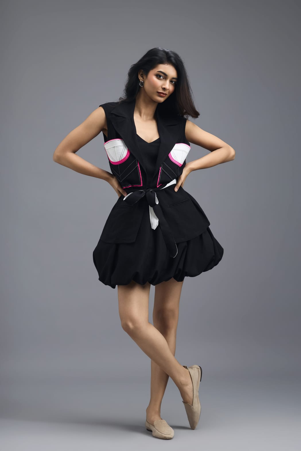 BLACK CO-ORD SET WITH NEON GEOMETRIC PANELLED SLEEVELESS BLAZER AND BUBBLE SKIRT