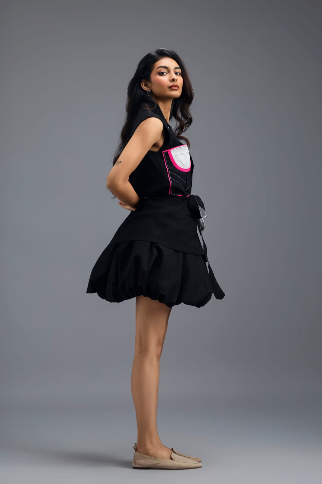 BLACK CO-ORD SET WITH NEON GEOMETRIC PANELLED SLEEVELESS BLAZER AND BUBBLE SKIRT