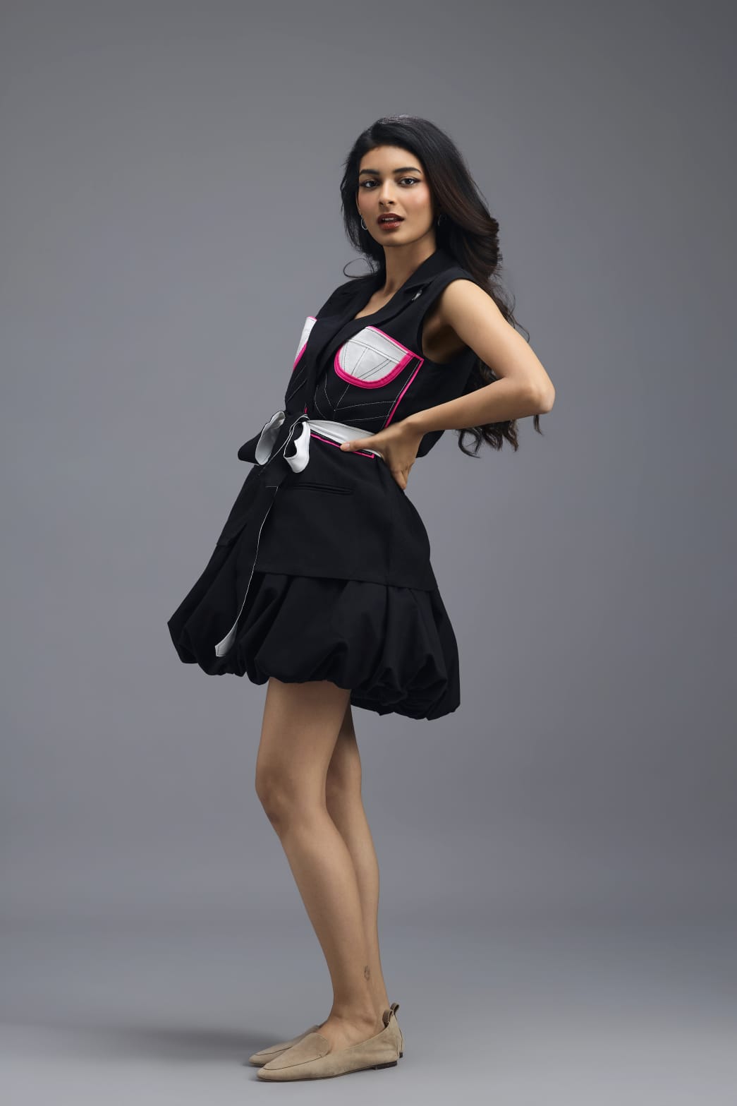 BLACK CO-ORD SET WITH NEON GEOMETRIC PANELLED SLEEVELESS BLAZER AND BUBBLE SKIRT