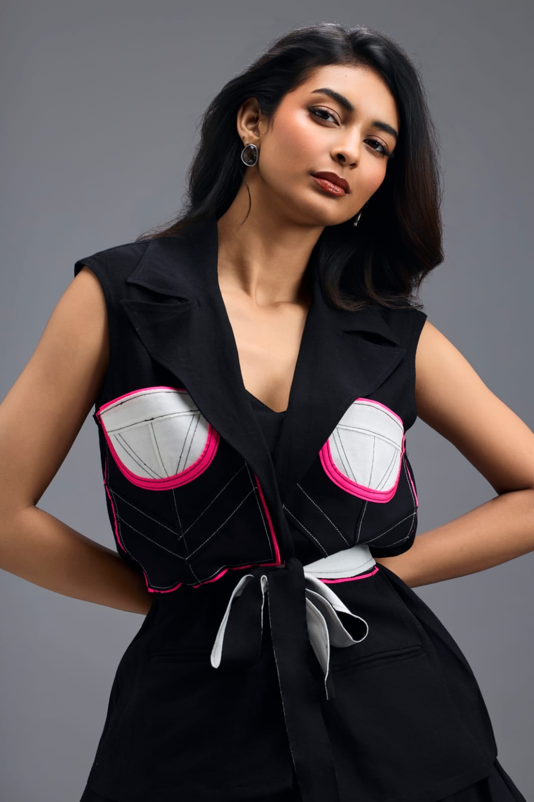 BLACK CO-ORD SET WITH NEON GEOMETRIC PANELLED SLEEVELESS BLAZER AND BUBBLE SKIRT