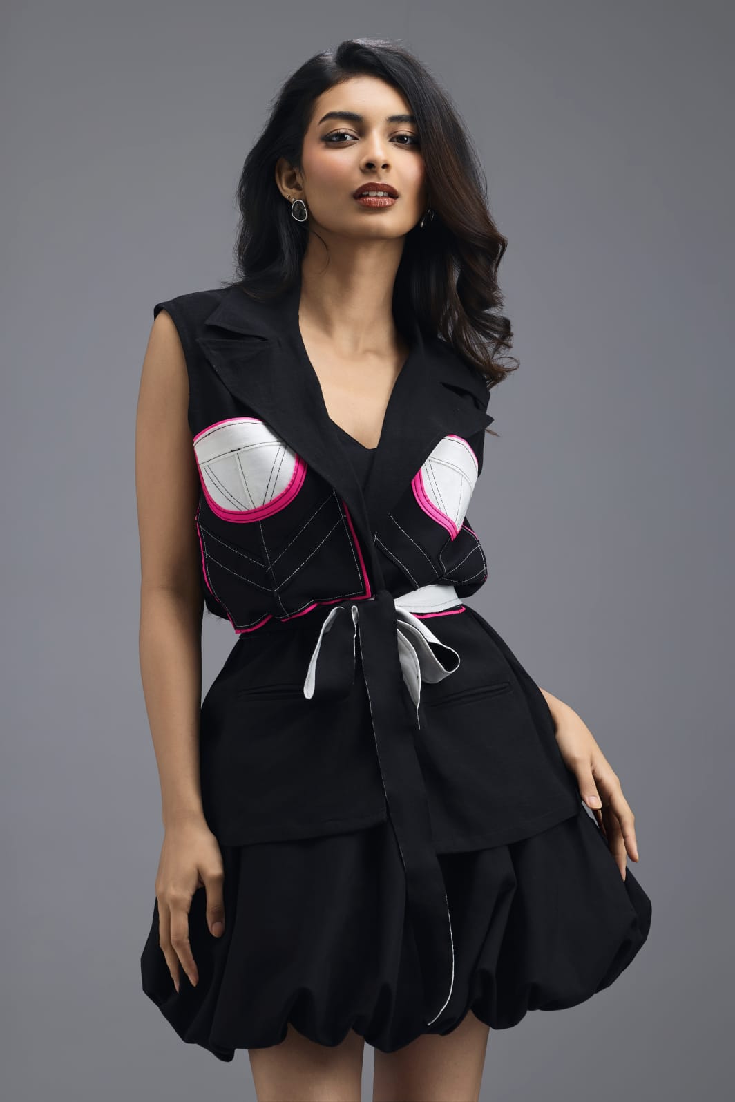 BLACK CO-ORD SET WITH NEON GEOMETRIC PANELLED SLEEVELESS BLAZER AND BUBBLE SKIRT