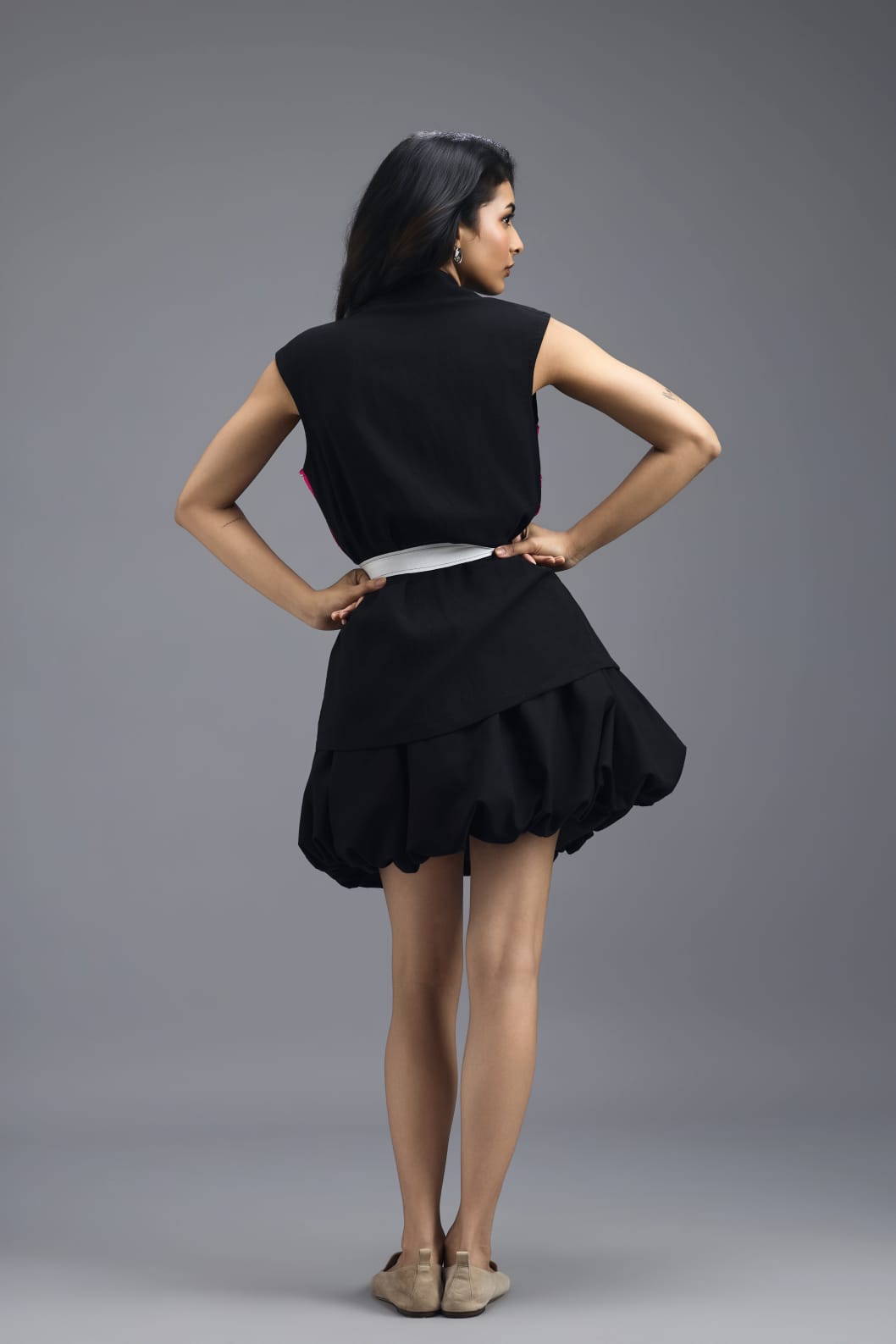 BLACK CO-ORD SET WITH NEON GEOMETRIC PANELLED SLEEVELESS BLAZER AND BUBBLE SKIRT