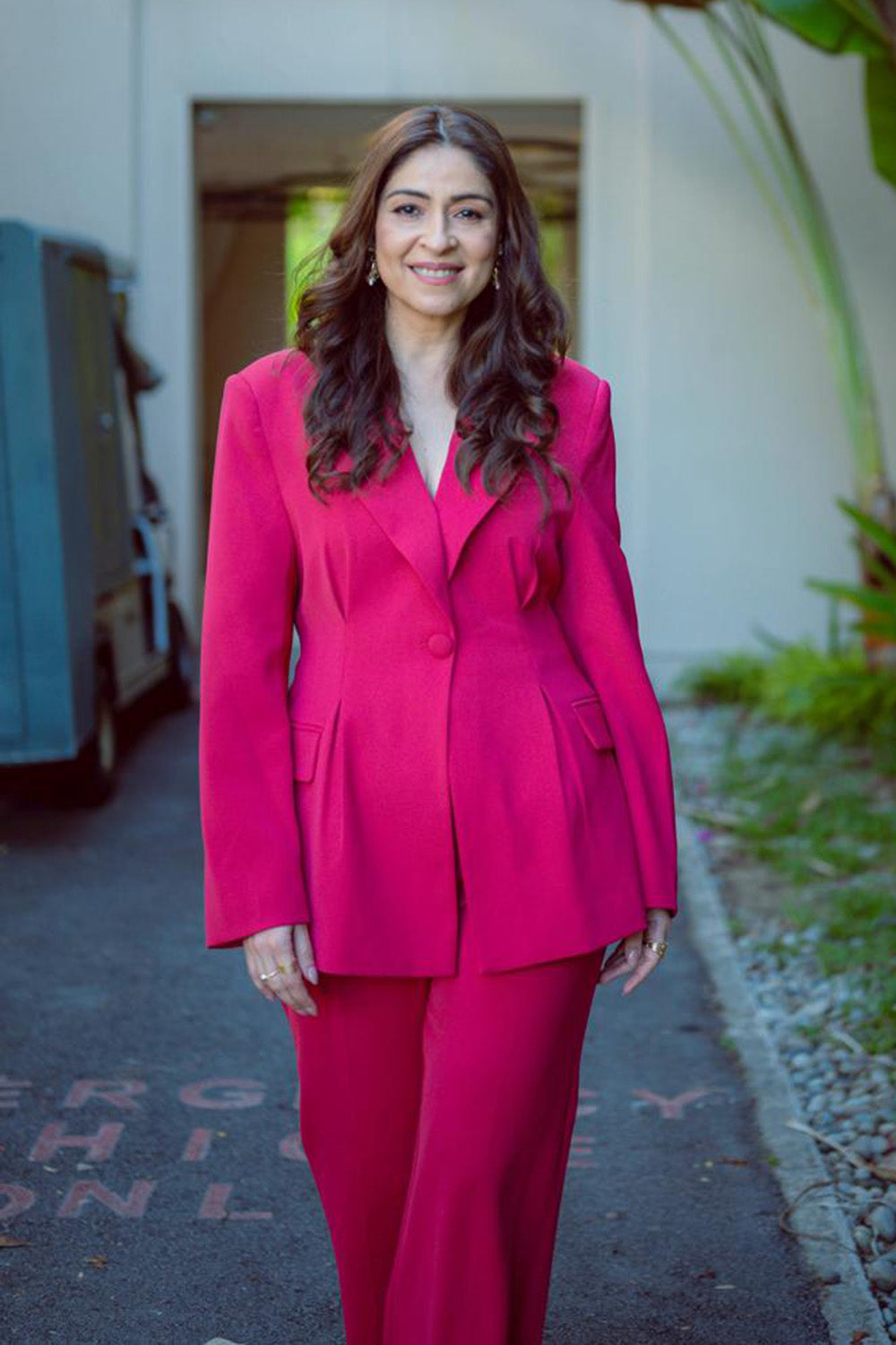 Pink Silk Crepe Double-Breasted Power Shoulder Co-ord Set